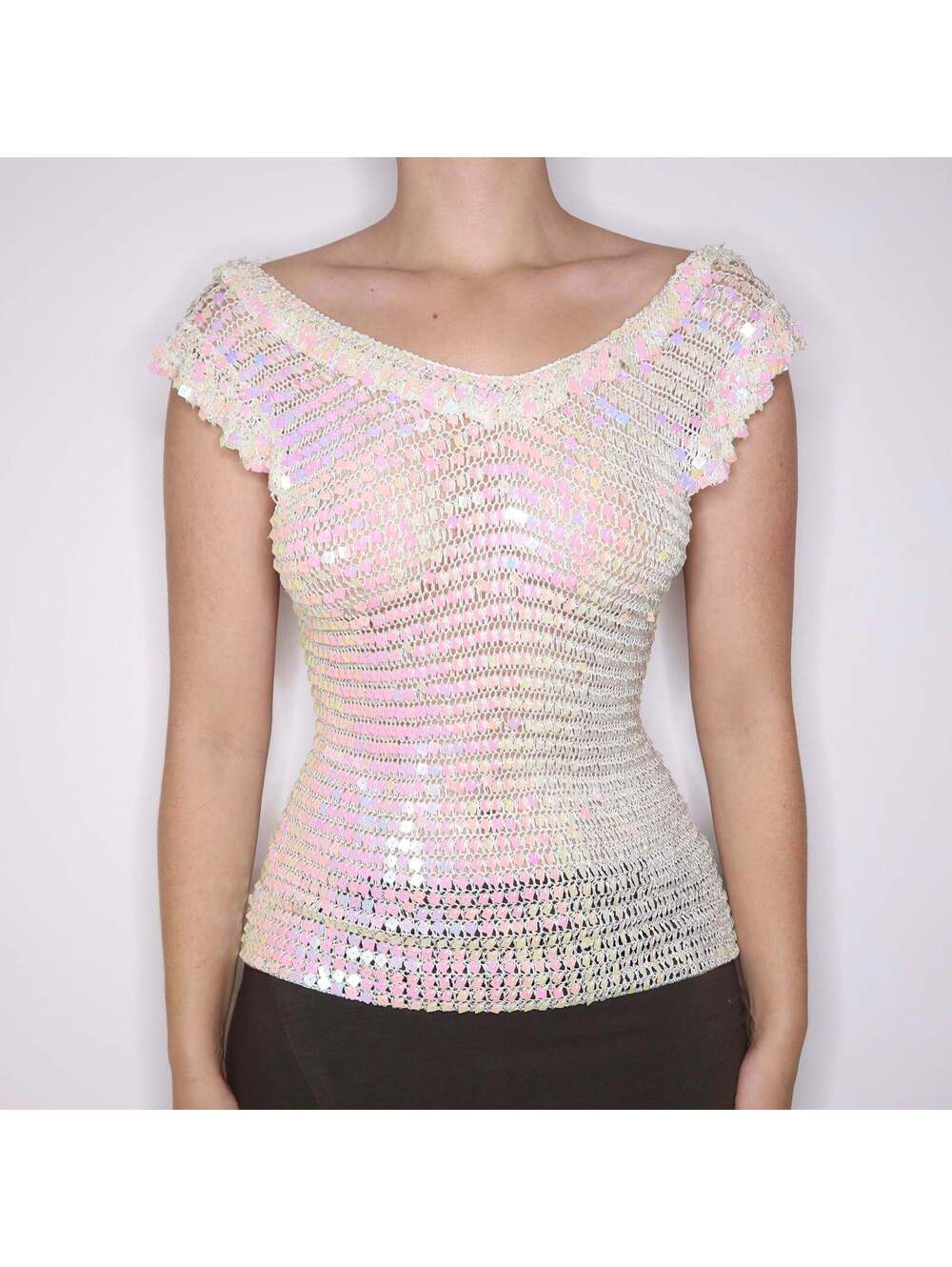 Y2K White Sequin Crochet Top (L)